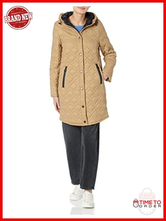 Jackets & Blazers - Women's Mid-Length Quilted Down Alternative Parka with Attached Hood